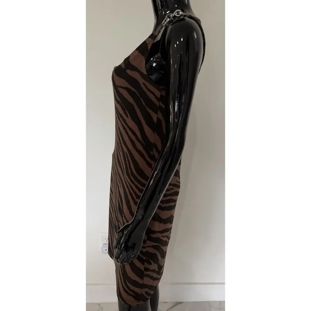Michael Michael Kors Dress S Zebra Animal Print Cowl Neck Hardware Brown Black